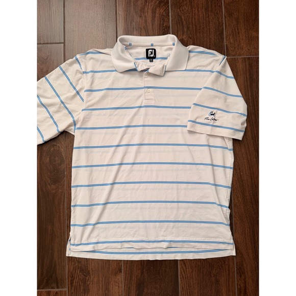 FootJoy Other - FootJoy Mens XL Striped Golf Polo Shirt White Blue The‎ Lakes Logo Performance